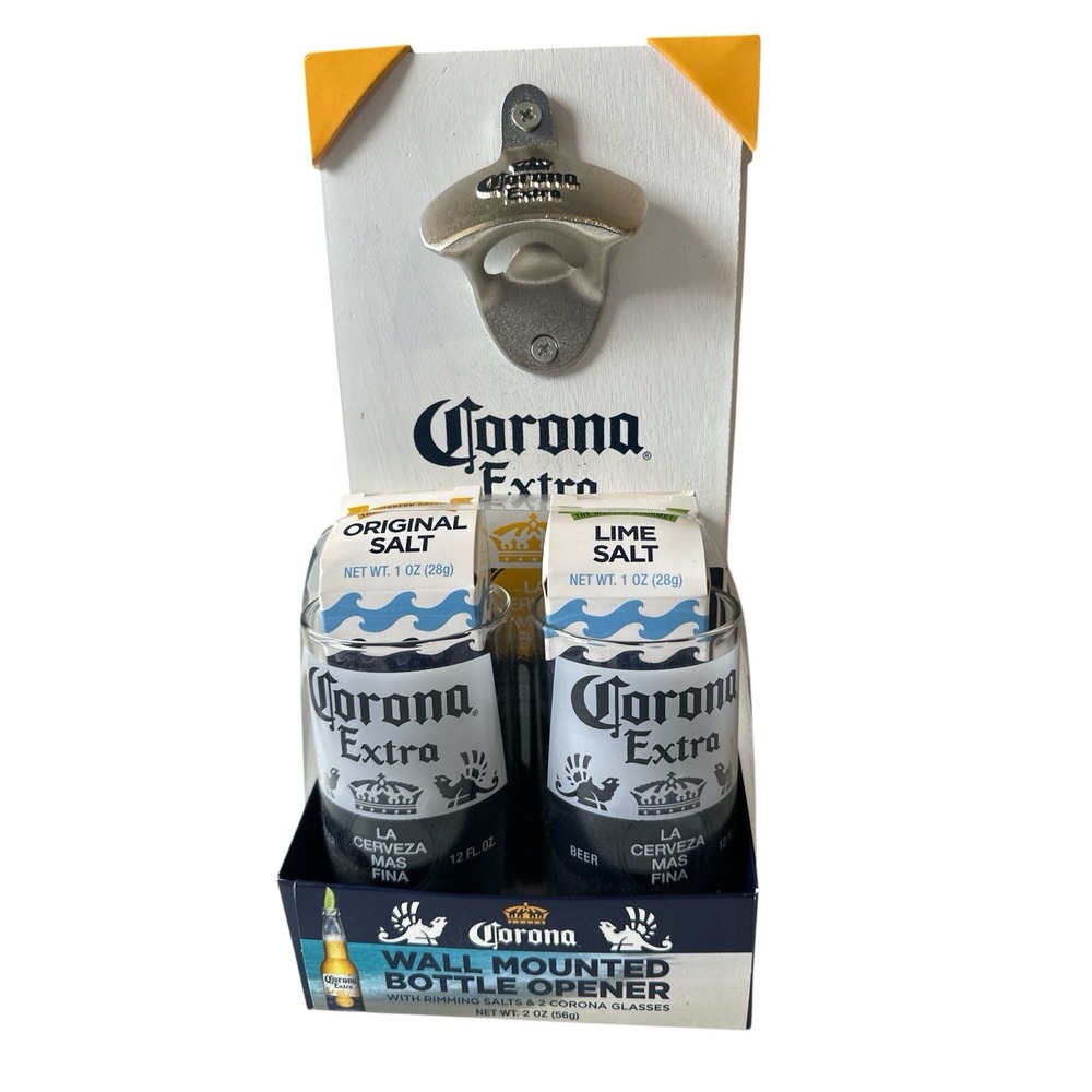 Corona Extra Wall Mounted‎ Bottle Opener Set w/ 2 Glasses + Rimming Salts NEW